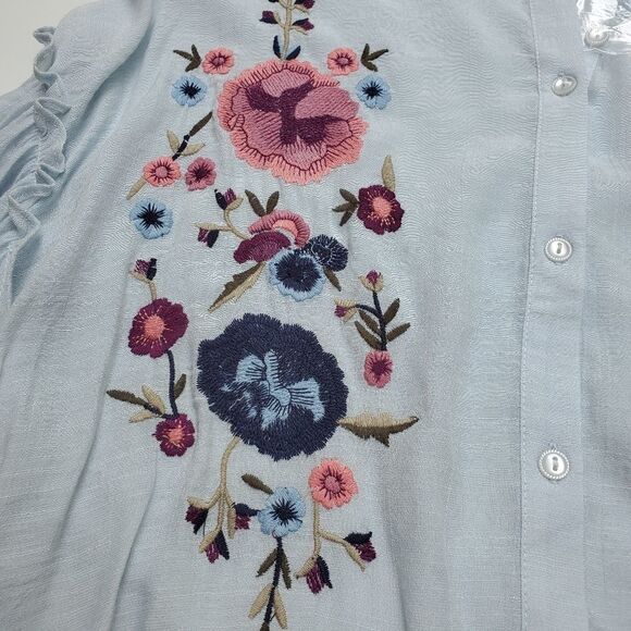 NEW XL semi-sheer GAUZY BOHO EMBROIDERED COTTAGECORE BLUE TOP extra large  NWT - Picture 3 of 8